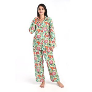 Green Cotton Printed Pajama Set