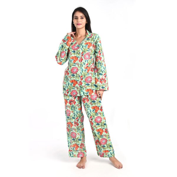 Green Cotton Printed Pajama Set