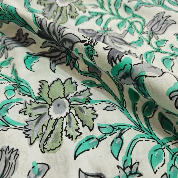 Green and Gray Floral Cotton Fabric - Image 2