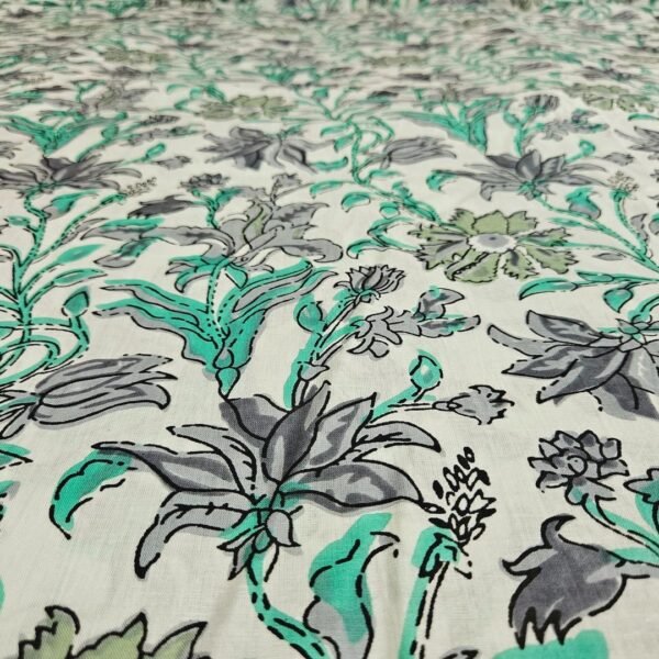 Green and Gray Floral Cotton Fabric - Image 3