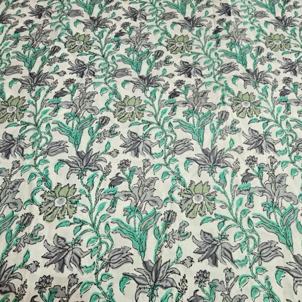 Green and Gray Floral Cotton Fabric - Image 4