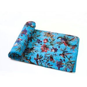 Handmade Cotton Bohemian Bird Print Kantha Quilt