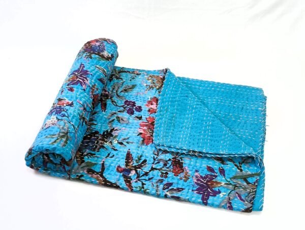 Handmade Cotton Bohemian Bird Print Kantha Quilt - Image 2