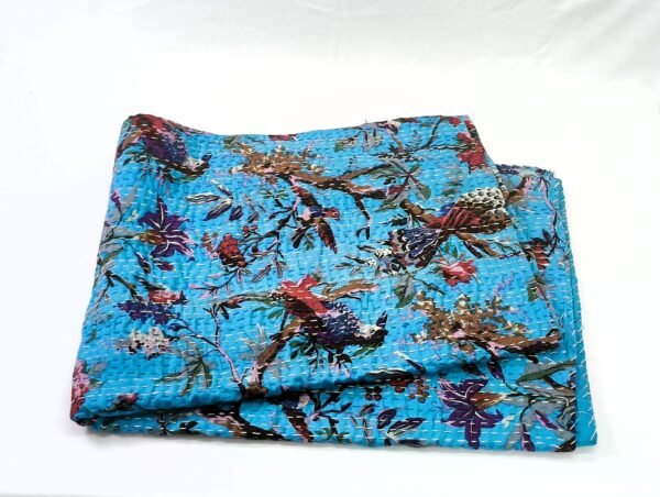 Handmade Cotton Bohemian Bird Print Kantha Quilt - Image 3