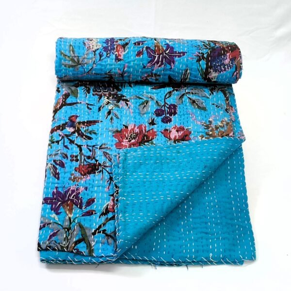 Handmade Bird Print Cotton Kantha Quilt - Image 4