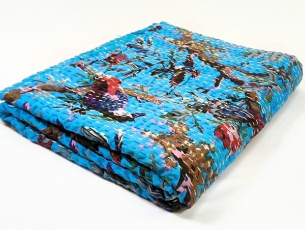 Handmade Cotton Bohemian Bird Print Kantha Quilt - Image 4