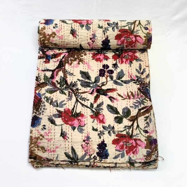 Handmade Cotton Bird Print Kantha Quilt - Image 2