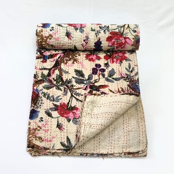 Handmade Cotton Bird Print Kantha Quilt - Image 3