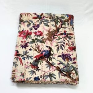 Handmade Cotton Bird Print Kantha Quilt