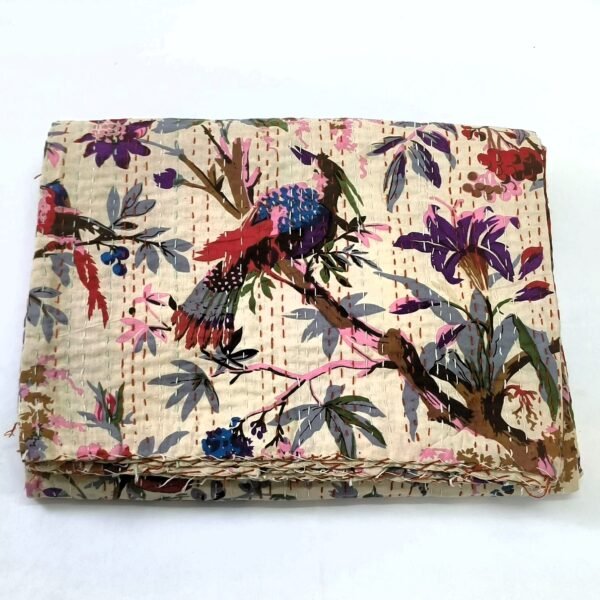 Handmade Cotton Bird Print Kantha Quilt - Image 4
