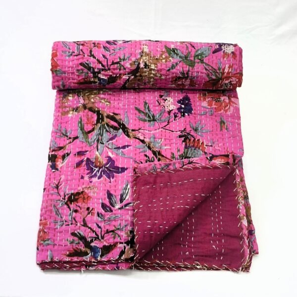 Handmade Bird Print Cotton Kantha Quilt - Image 2