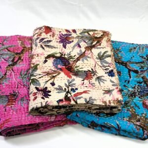 Handmade Bird Print Cotton Kantha Quilt