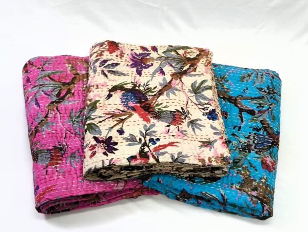 Handmade Bird Print Cotton Kantha Quilt