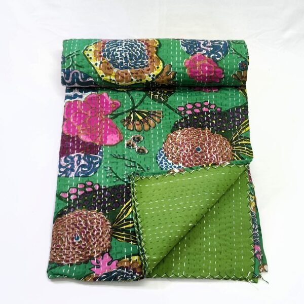 Handmade Tropikana Print Cotton Kantha Quilt - Image 4